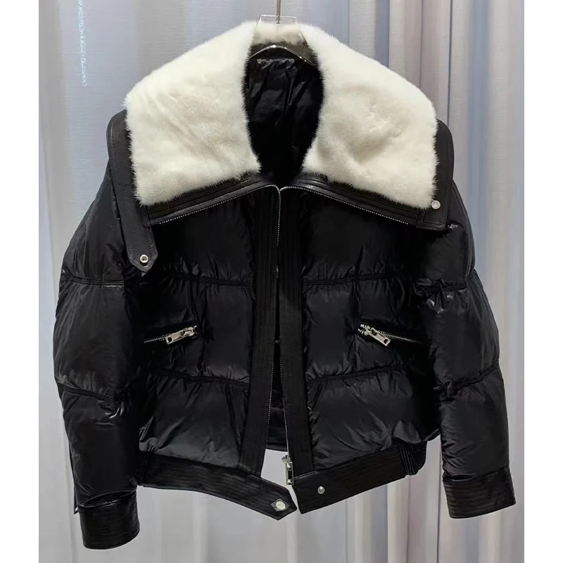 2023 New Autumn Winter Women Coat Real Mink Fur Collar Warm Jacket 90% White Goose Leather Down Thick Female Coats Streetwear