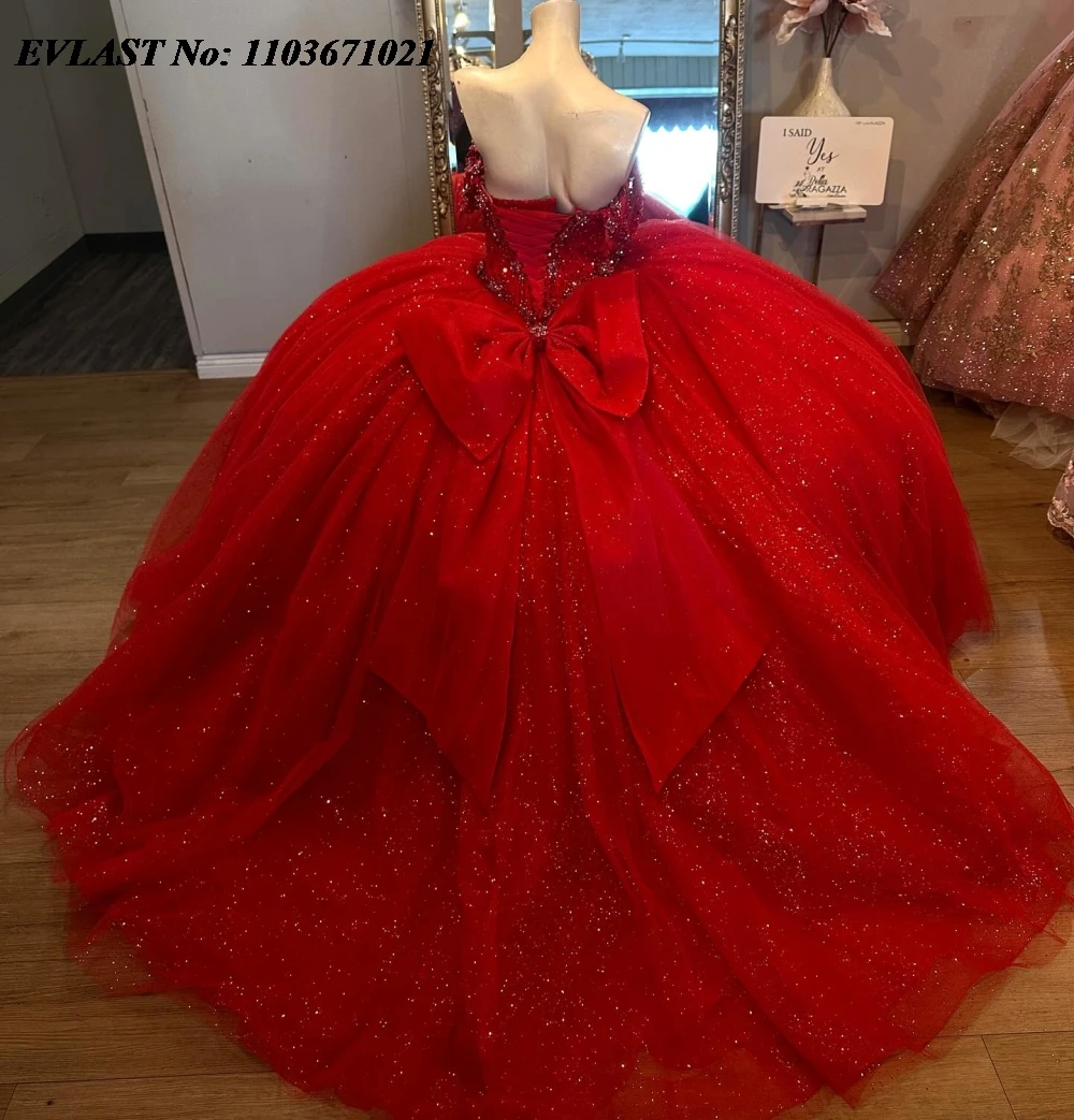 EVLAST Customized Glitter Red Quinnceanera Dress Ball Gown Lace Applique Beaded Crystal Bow Sweet 16 Vestidos De 15 Anos SQ666