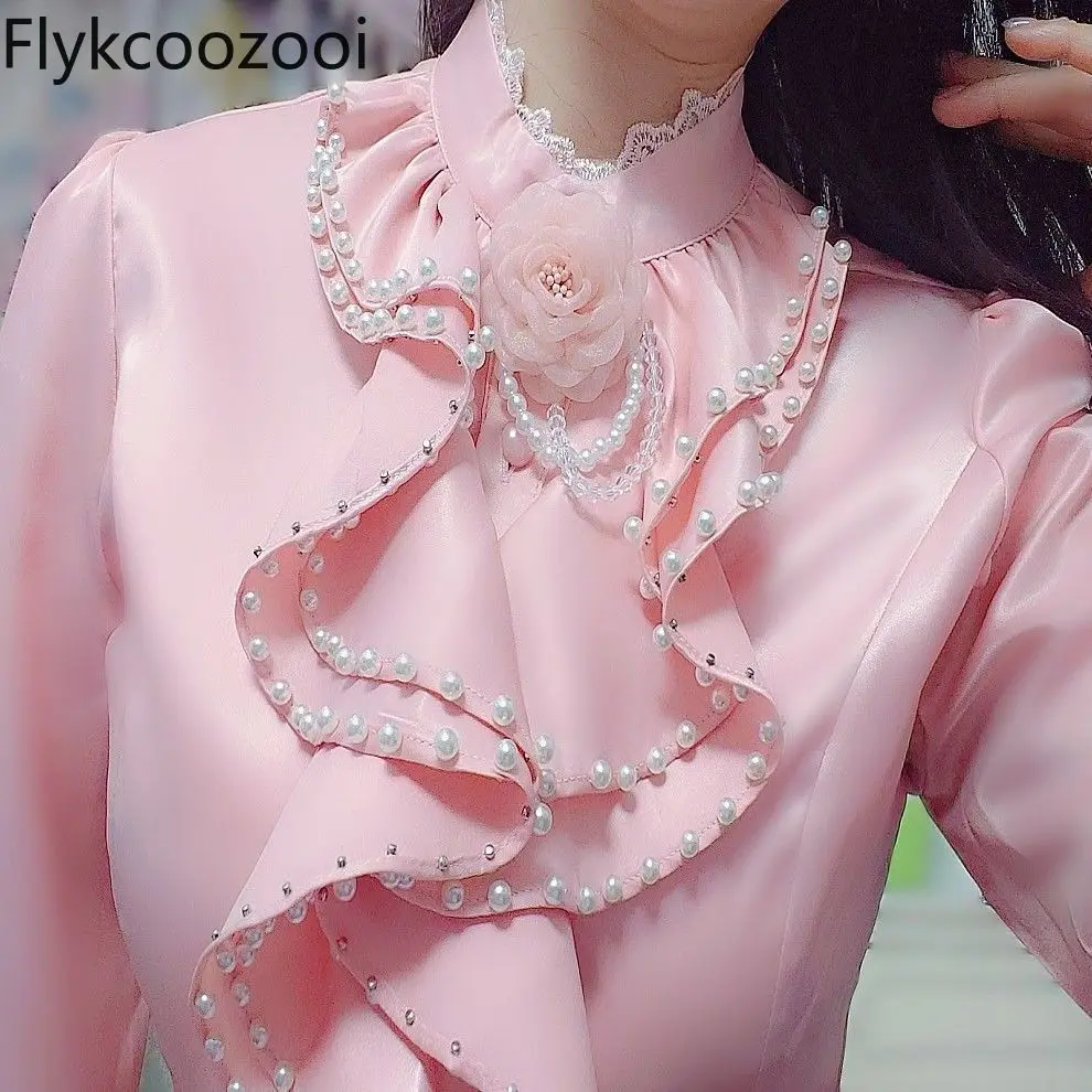 Fashion Design Lotus Leaf Fungus Pearl Collar Flower Shirt Roupas Femininas Com Frete Gratis Blusas De Chifon Elegantes