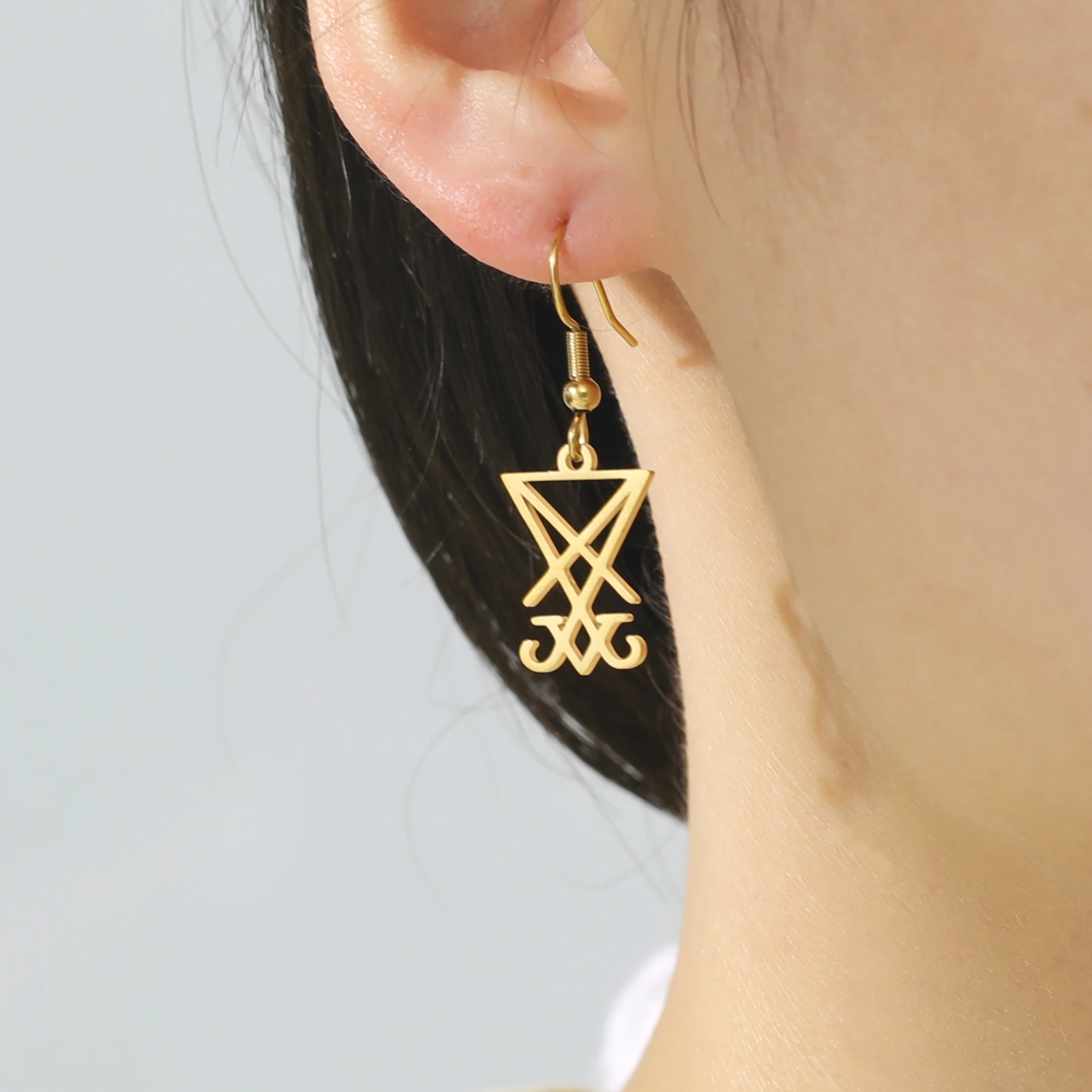 JDZQJ Demon Sigil of Lucifer Dangle Earring for Women Stainless Steel Earring Gold Color Satanic Symbol Rock Style Jewelry Gifts