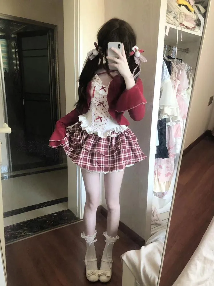 Conjunto de tres piezas de Top con tirantes y falda a cuadros de encaje de verano, cárdigan para niña dulce, conjunto de ...