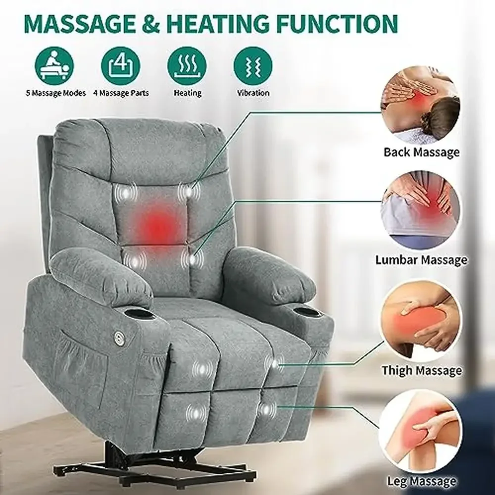 Cadeira reclinável com elevador elétrico, tecido para idosos, massagem, calor, porta-copos usb, bolsos laterais, 5 modos, espuma têxtil normal automática, cinza