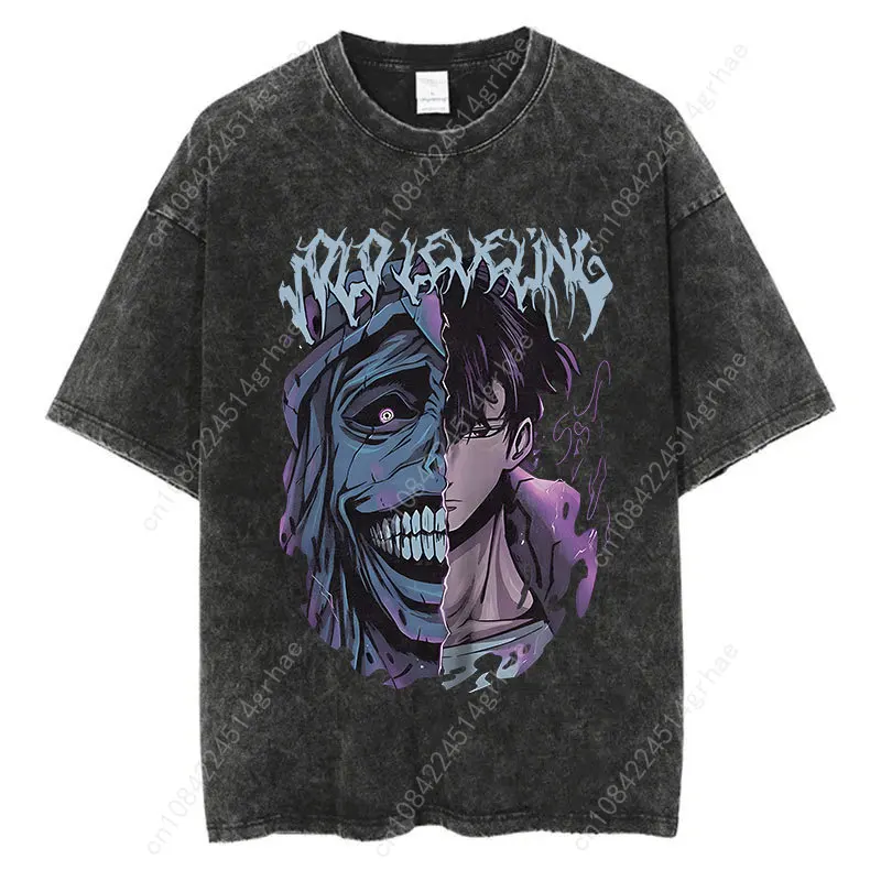 T-shirt vintage lavata con stampa di livellamento singolo anime giapponese T-shirt grafica Harajuku streetwear T-shirt estiva in cotone a maniche corte