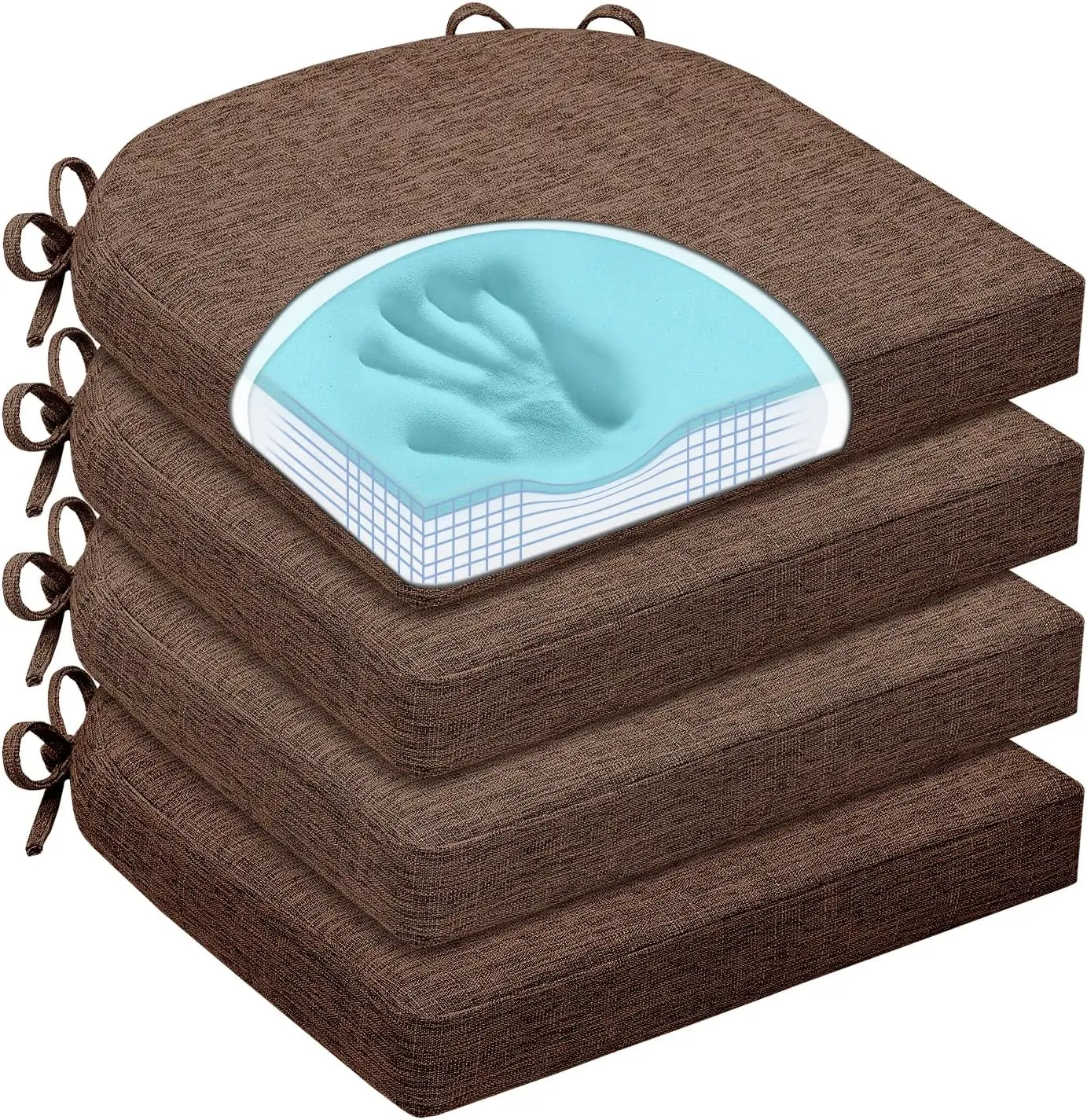Non-Slip Memory Foam Chair Cushions Set of 4, Washable Covers with Ties, 16x16x2.5 Inch, Brown