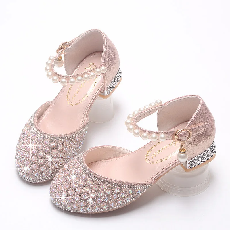 Girls Dress Shoes Children Crystal Pearl High Heels Mary Janes Wedding Party Glitter Princess Dress Shoes Fashion Kids Sandals