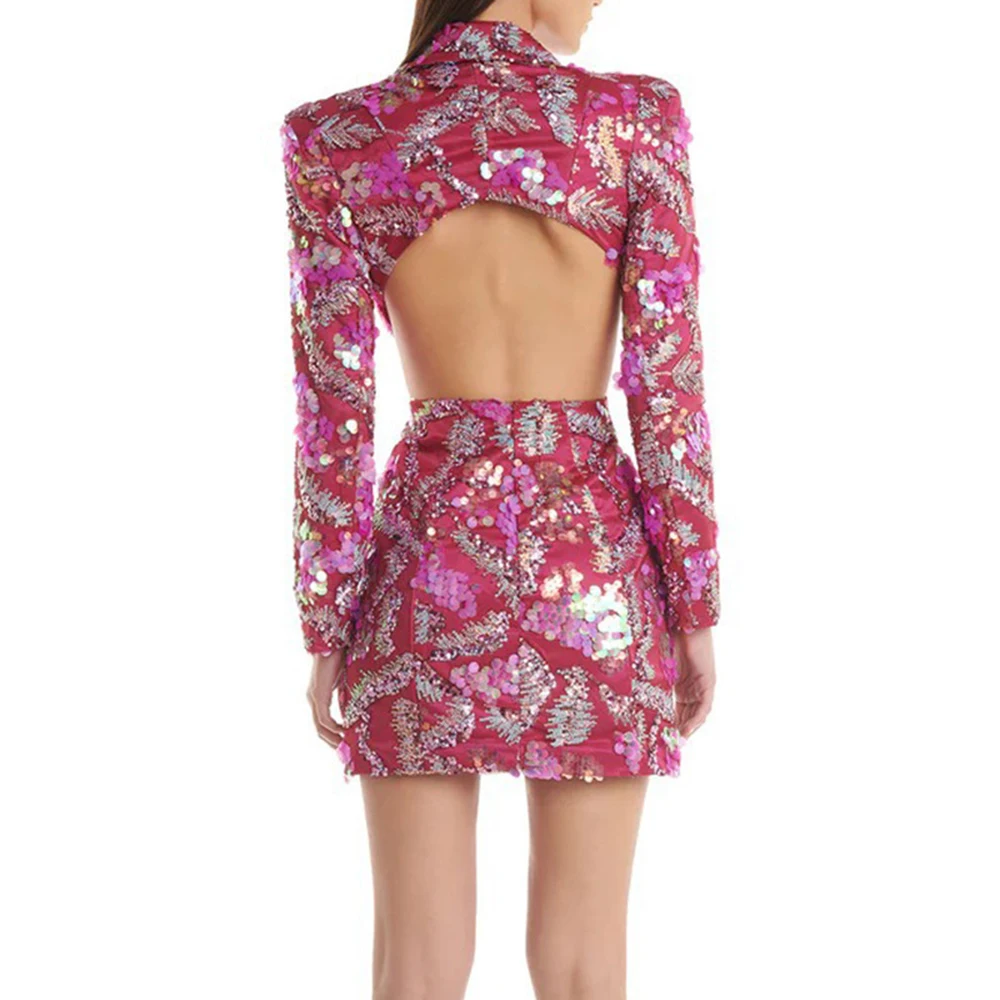 TWOTWINSTYLE Hit Color Spliced Sequines Mini Dresses For Women Lapel Long Sleeve Backless High Waist Slimming Dress Female New