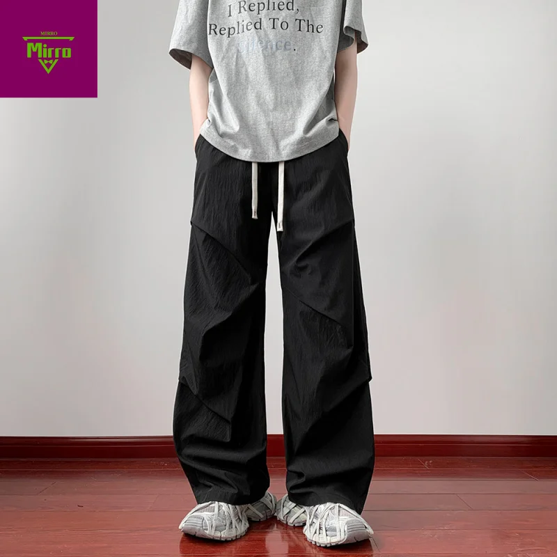 

【Mirrordust】2025Summer Quick-Dry Wrinkled Ice Silk Pants Loose Wide-Leg Casual Long Pants Breathable Yamamoto Pants