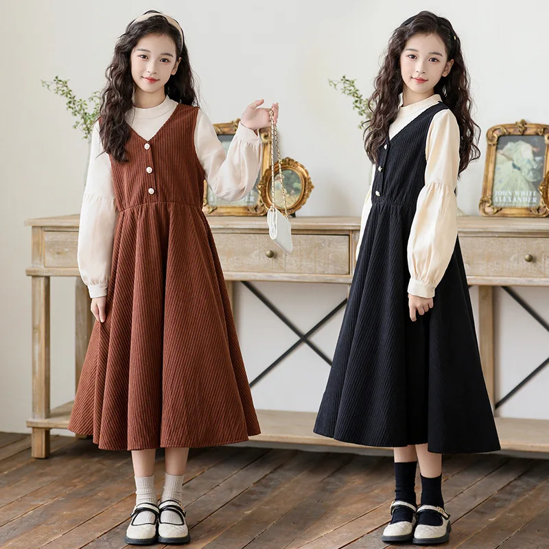 

XED-Girls' Dress Autumn Winter Long Sleeve Small Stand Collar Fake Two-Piece Dress New Style for Older Children Princess Dress