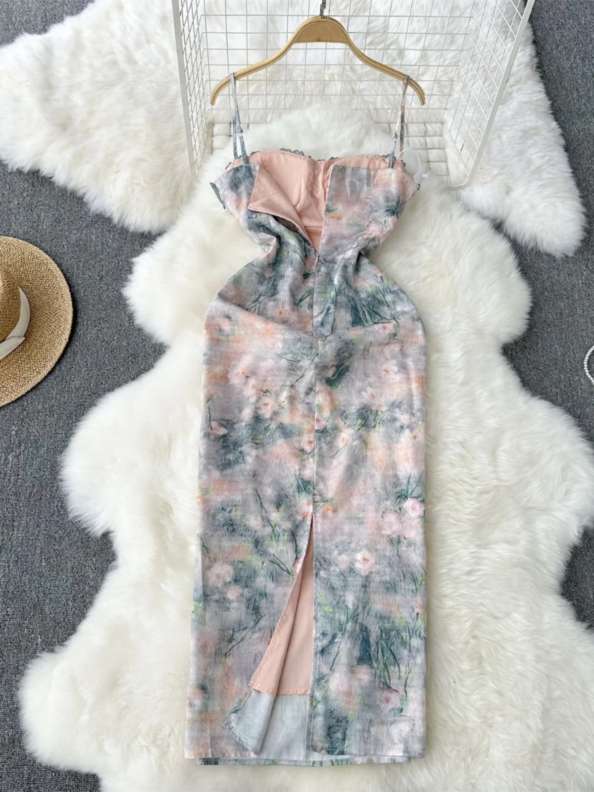 Foamlina Retro Style Chest Padded Floral Lace Trimed Suspender Dress for Women Summer Sexy Sleeveless Printed Party Long Dress