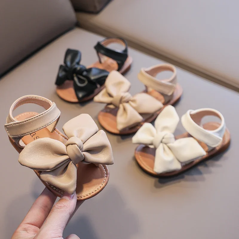 Girl's Summer Sandals Big Bowtie Pu Leather 21-30 Sweet Children Sliders Lovely Stylish Three Colors Flexiable Cute Kids Flats