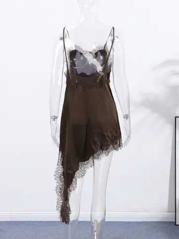ब्राउन साटन सेक्सी लेस स्प्लिस्ड शॉर्ट स्लिंग ड्रेस महिलाओं के लिए वी-नेक स्लीवलेस बैकलेस असममित पार्टी ड्रेस 2025 समर लेडी रोब्स 10 best sales साटन लंबी पोशाक - №9