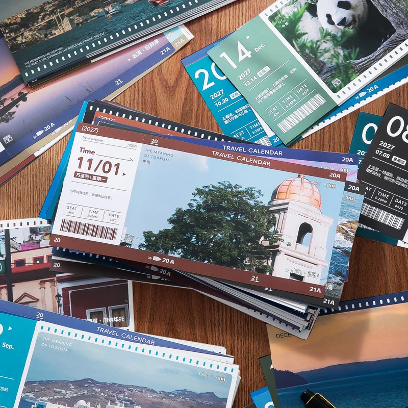 1Set 2027 Travel Landscape Desk Calendar Boxed Gift Set, Mountain View Desktop Decor for Journal Scrapbook
