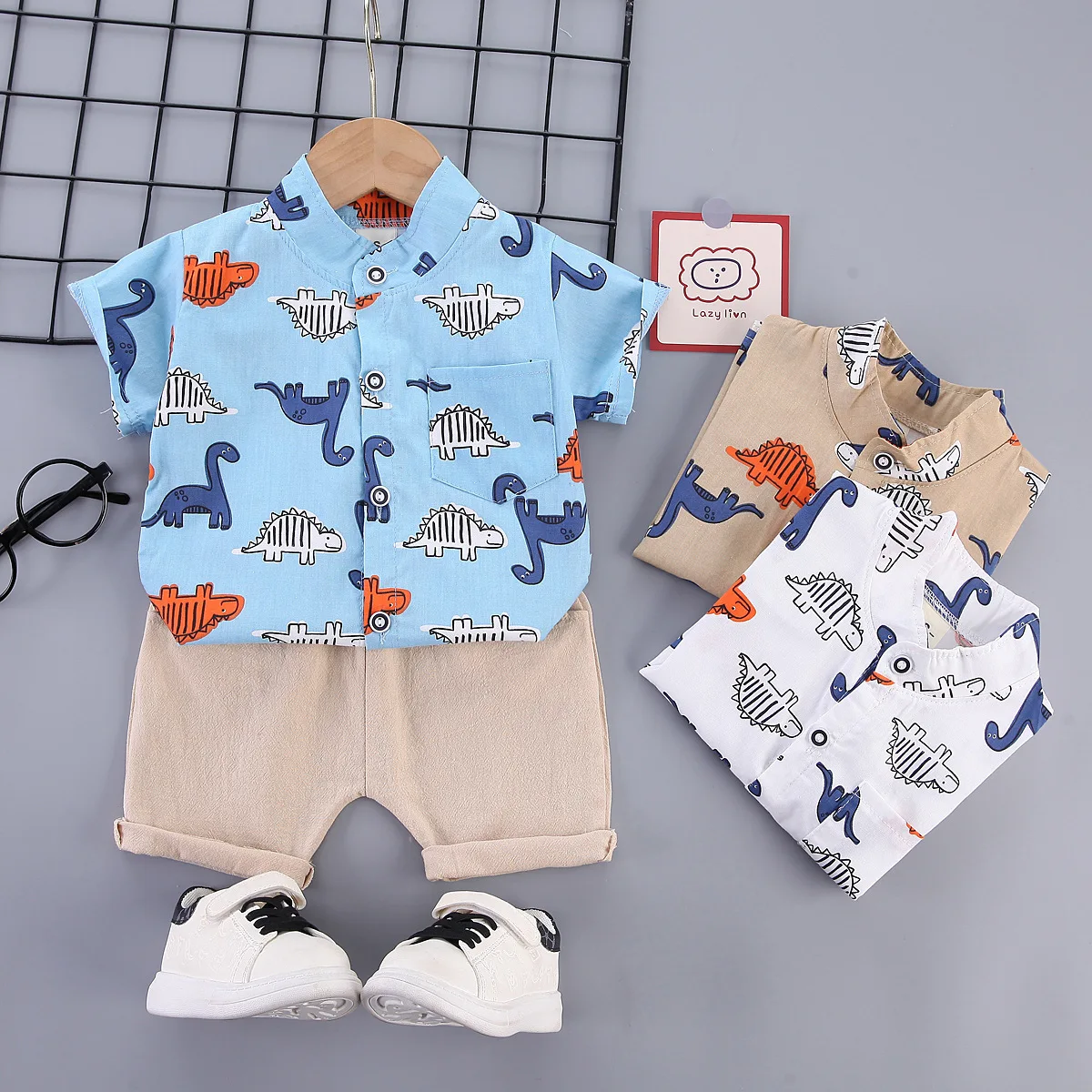 Children's clothing summer children's shirt set, 0-4-year-old boy full print cartoon dinosaur short sleeved T-shirt 2-piece set