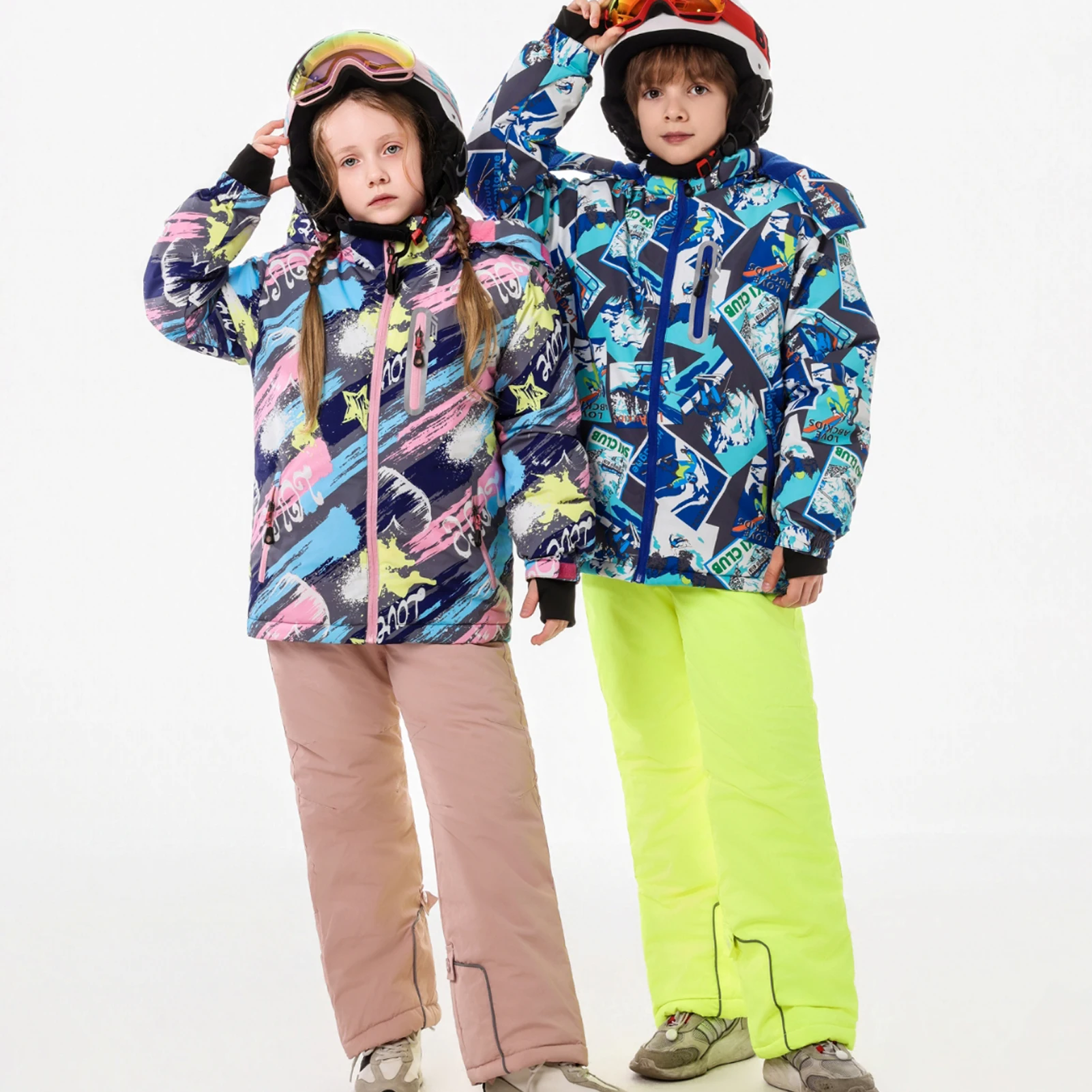 Trajes de nieve para niños, ropa de esquí con capucha estampada para niños, traje de snowboard impermeable y resistente al viento para niños, trajes de nieve cálidos y gruesos para invierno