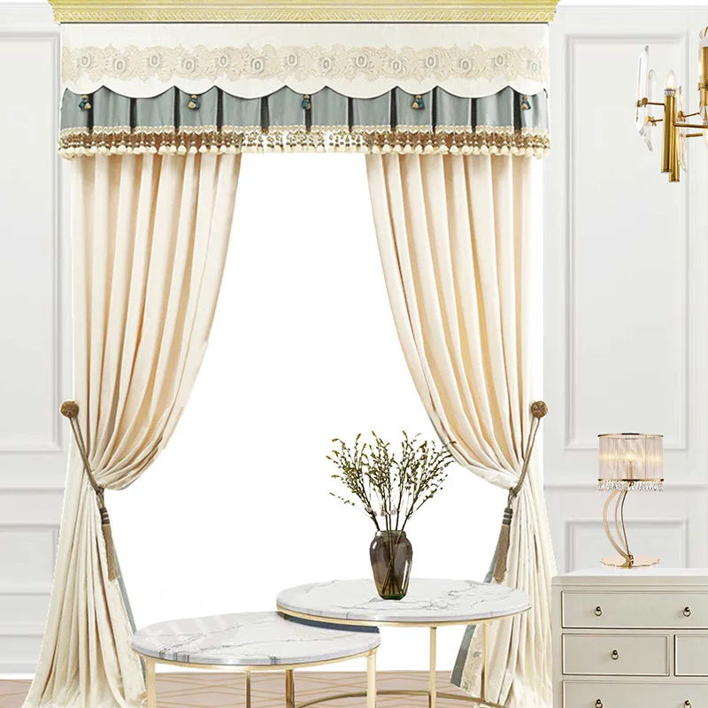 

Custom European living room floor to ceiling luxurious thick velvet white blackout curtain tulle valance drape C2182