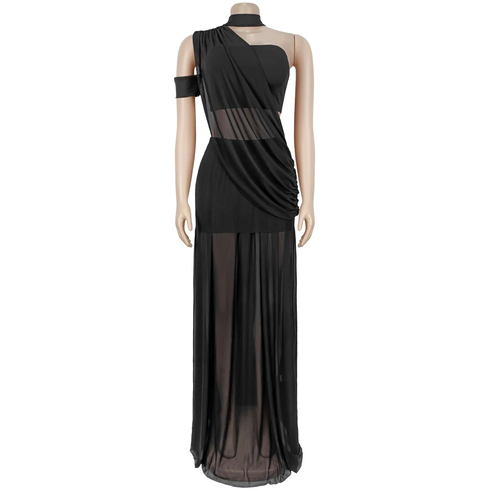 NEW Summer Bra Top and Long Skirt Two Piece Matching Ruched Party Dress for Women Clubwear Night Sexy Mesh Sheer Club Dresses view 3