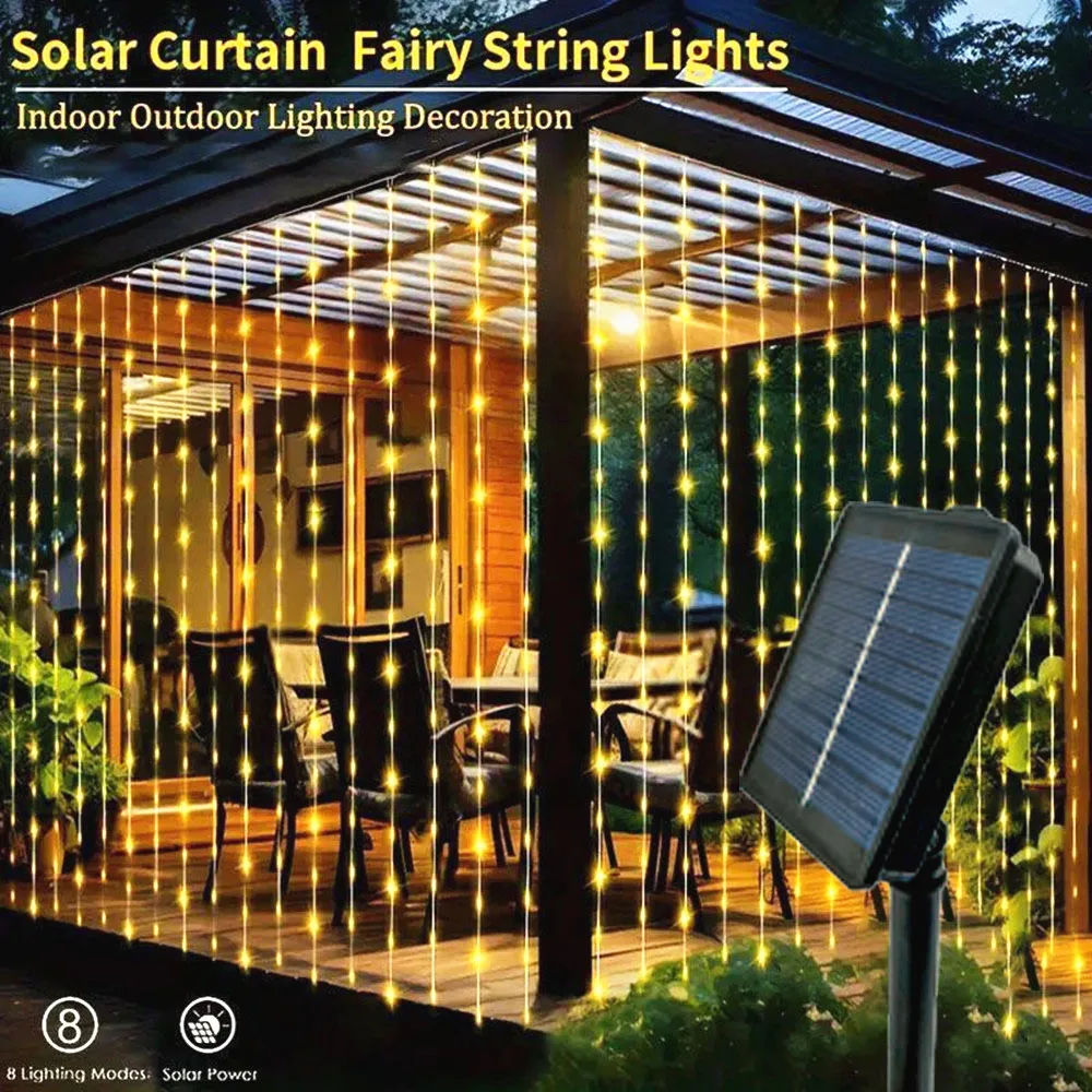 

6X3M 3X3M Solar Curtain Light Outdoor Led Icicle Light 8 Modes Waterfall Christmas Fairy String Light for Garden Patio Decor