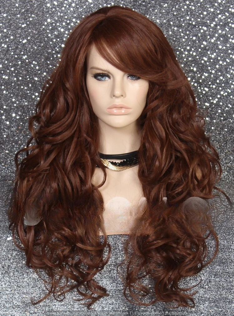 

Long hair blend Full Wig Heat OK Auburn mix Curly bang 33-130 WBT