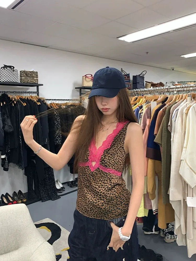 Women's Sexy Patchwork Lace V Neck Leopard Tank Top Lady Sexy Summer Sleeveless Slim Camisole Top