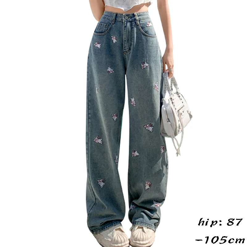 High quality long jeans for women wide leg stone washing cotton denim cute animal embroidery young ladies vintage trousers blue