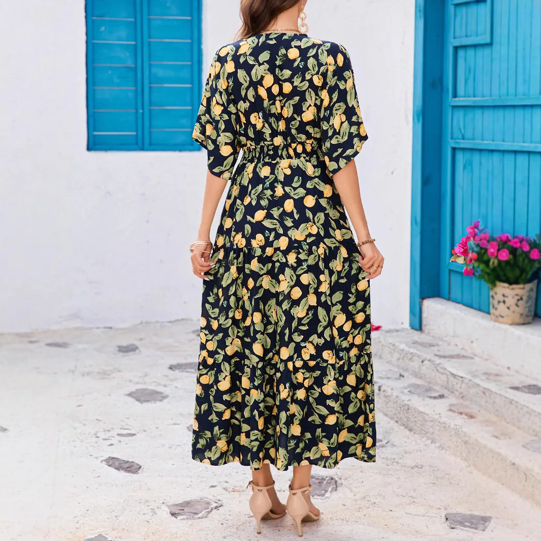 Impresso manga morcego com decote em v cintura em camadas vestido 2025 verão impresso casual moda feminina vestido longo confortável diariamente