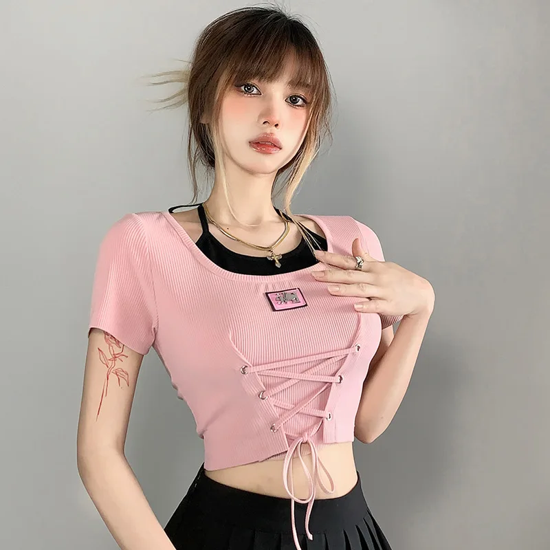 Lace Up Halter Short Sleeved T-shirt Hollow Out Patchwork Street Fashion Tshirt Y2K Women Short Top Fake Two Pieces Tee Shirt