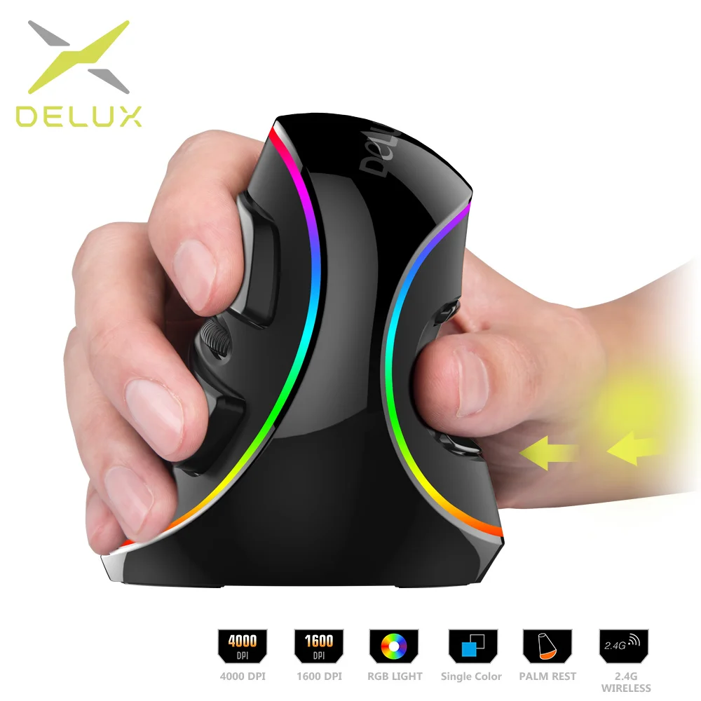 עכבר משחק אנכי ארגונומי Delux M618 PLUS עם 6 כפתורים, 4000 DPI, RGB, חוטי/אלחוטי, יד ימין למחשב נייד או מחשב אישי