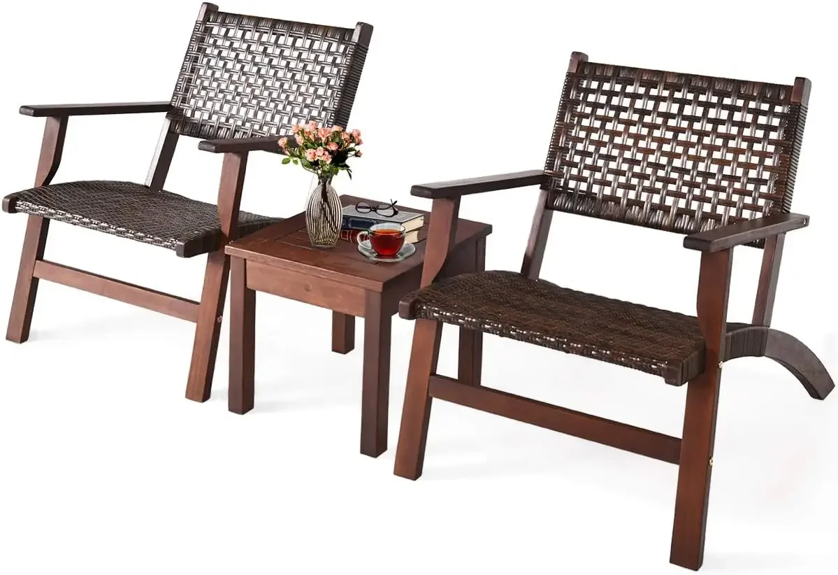 3 PCS Patio Conversation Set, Solid Eucalyptus Wood Frame Outdoor Wicker Furniture Set Bistro Set