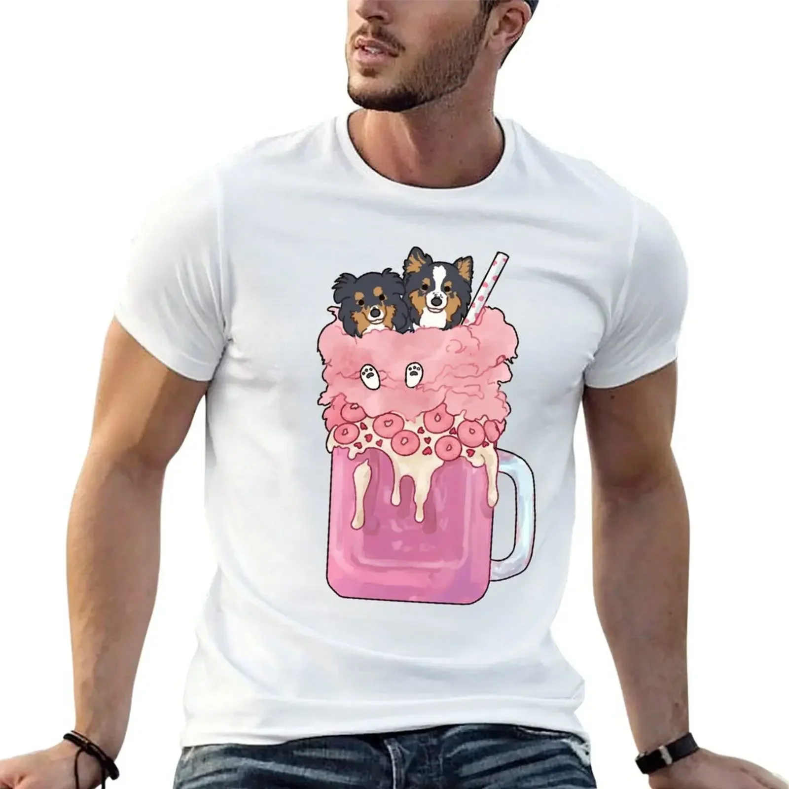 Shetland sheepdogs in Cotton candy pastel pink milkshake T-Shirt baggy shirts sweat shirts graphic mens shirts graphic tee