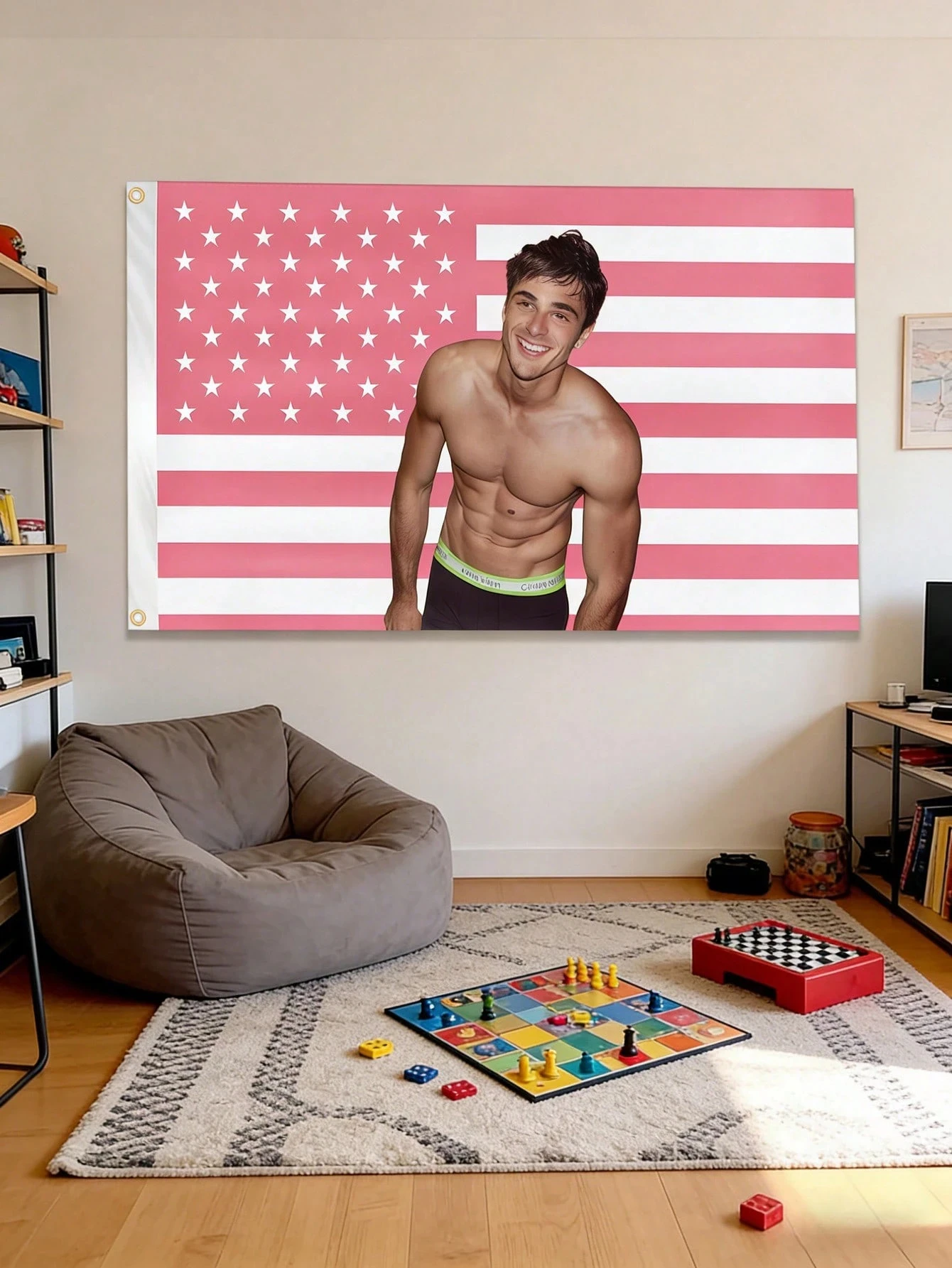 1 Stück J-Jacob Elordi rosa Wandteppich mit amerikanischer Flagge, Wandbehang mit Promi-Porträt, verschiedene Größen, Polyester-2D-Druck, Schlafzimmerdekoration