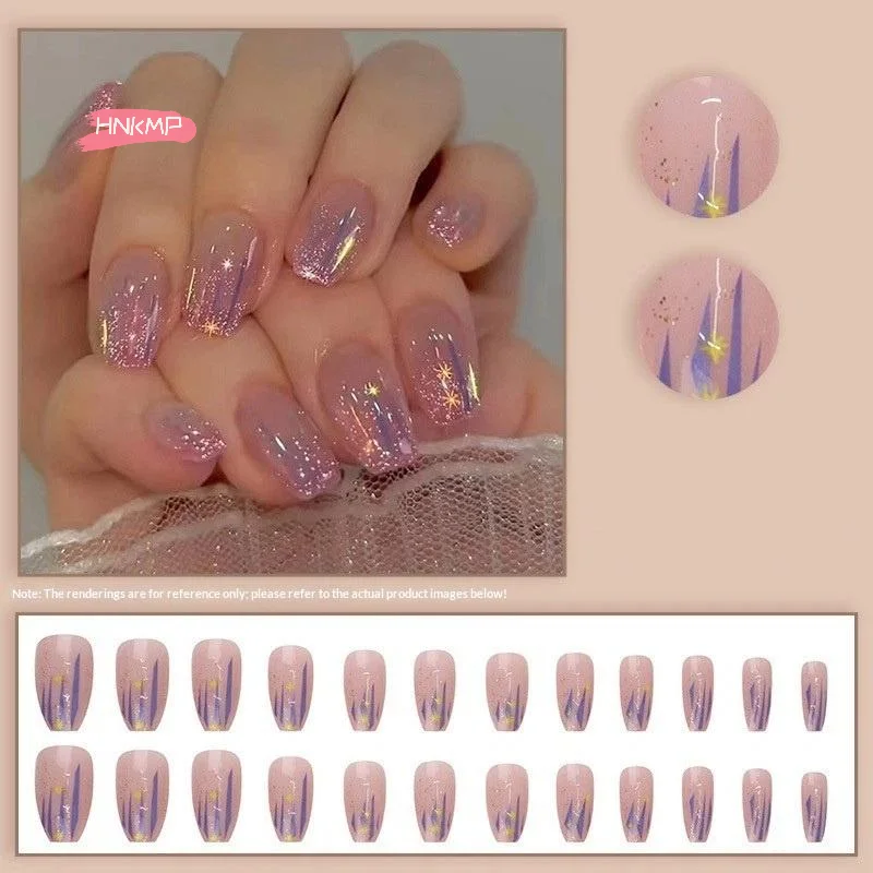 24Pcs Short Square Shape Glitter Crush Press-On Nails with Mirror Powder Accents Dazzling Fragmented Design for Quick