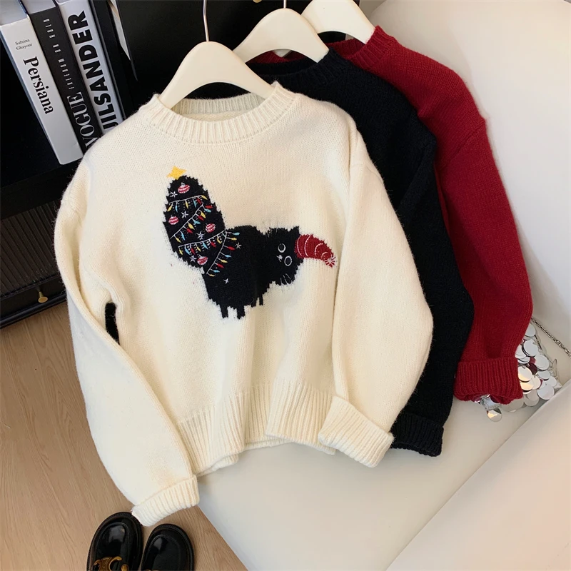 Autumn and Winter New Round Neck Pullover Soft Cat Sweater Winter Christmas Tree Embroidery Wool Loose Sweet Knit Top