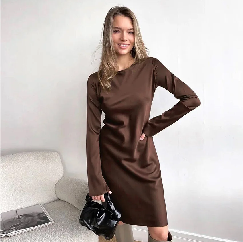 Elegant Green Satin Dress Women 2023 Autumn Flare Sleeve High Waist Sexy Mini Dresses Fashion A-line Party Dresses Female