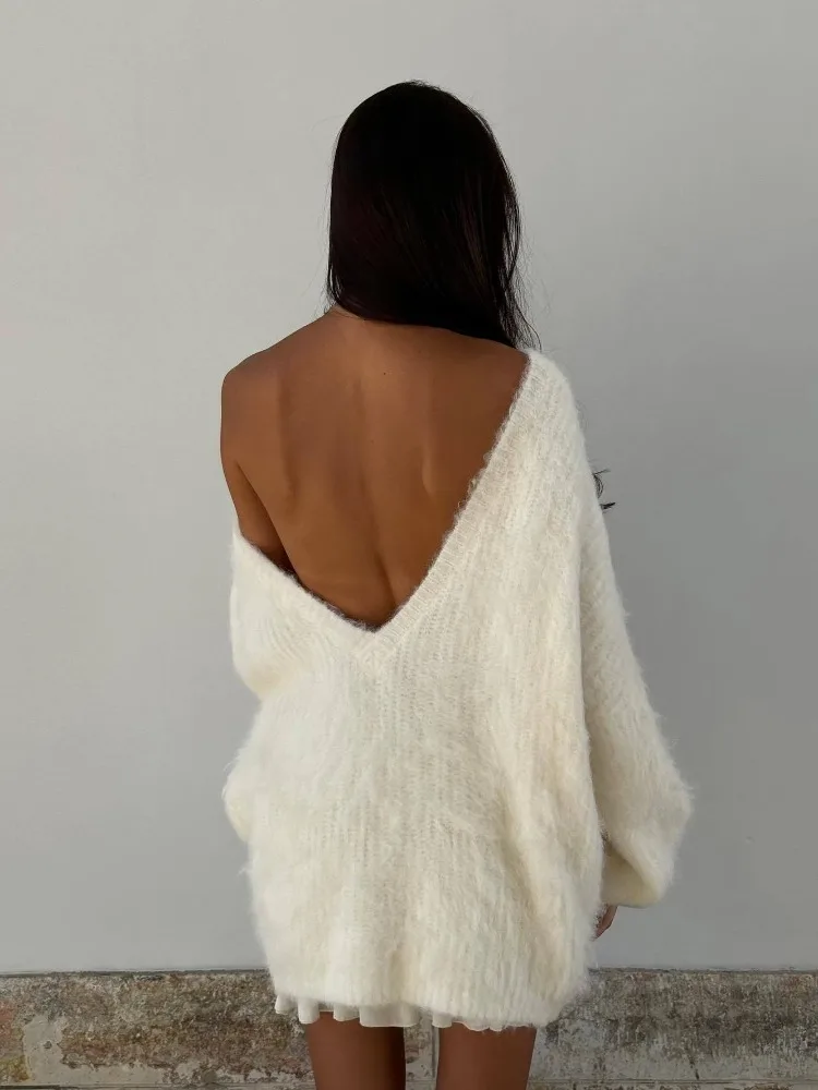 White Backless Knitted Sweater for Women Fashion Lantern Sleeve Loose-fit Pullover Autumn Y2K Sexy Jumpers 2024 Knitwear