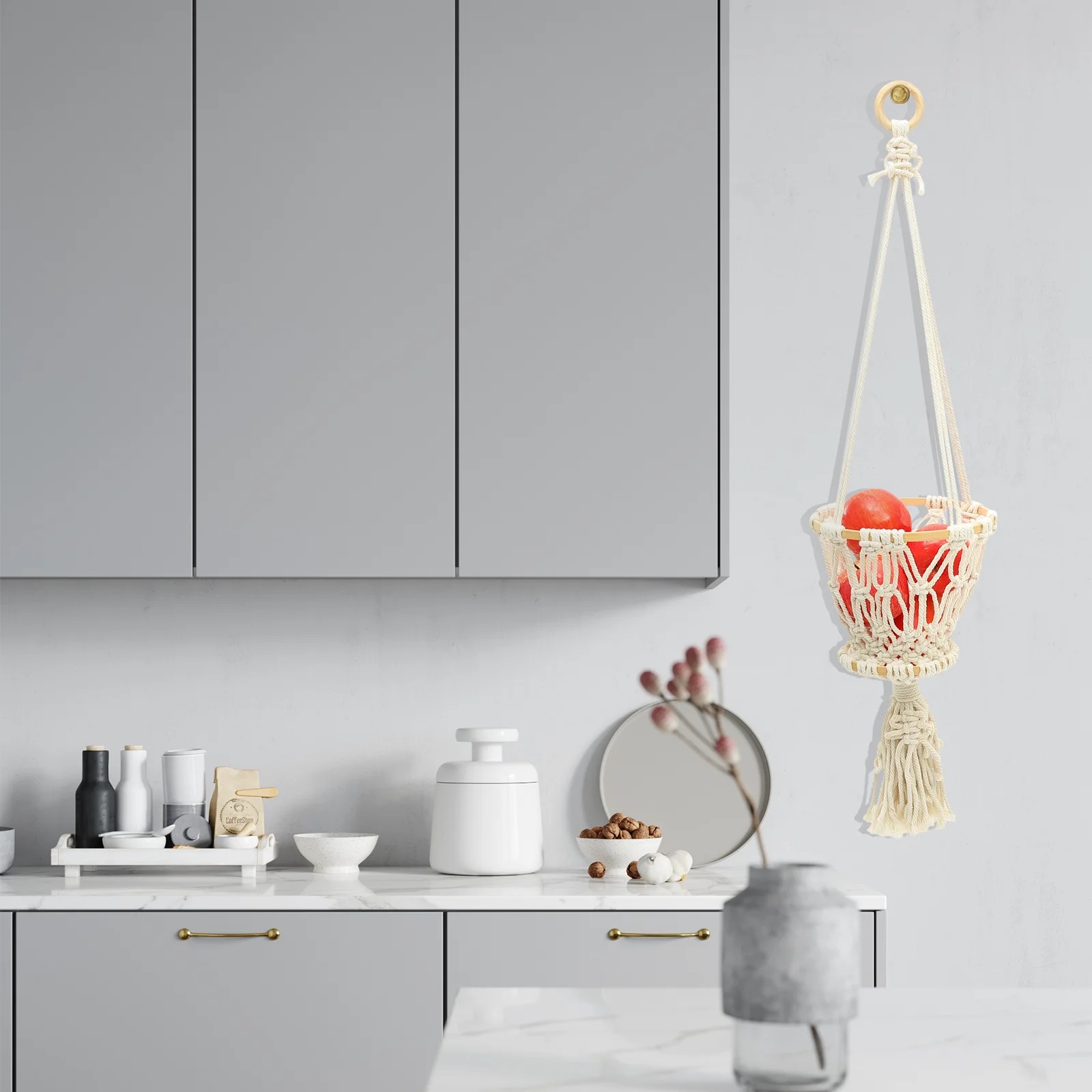 

Macrame Fruit Vegetable Wall Basket Fresh Colors Handwoven Cotton Rope Hanging Organizer Kitchen Storage Hammock Decorative