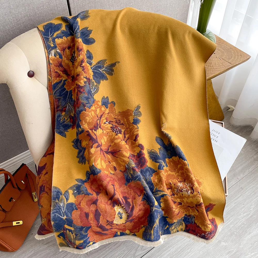

Fashion Imitation Cashmere Women's Shawl Autumn Winter Warm Scarf Peony Flower Pattern Design Ladies Thicken Scarf