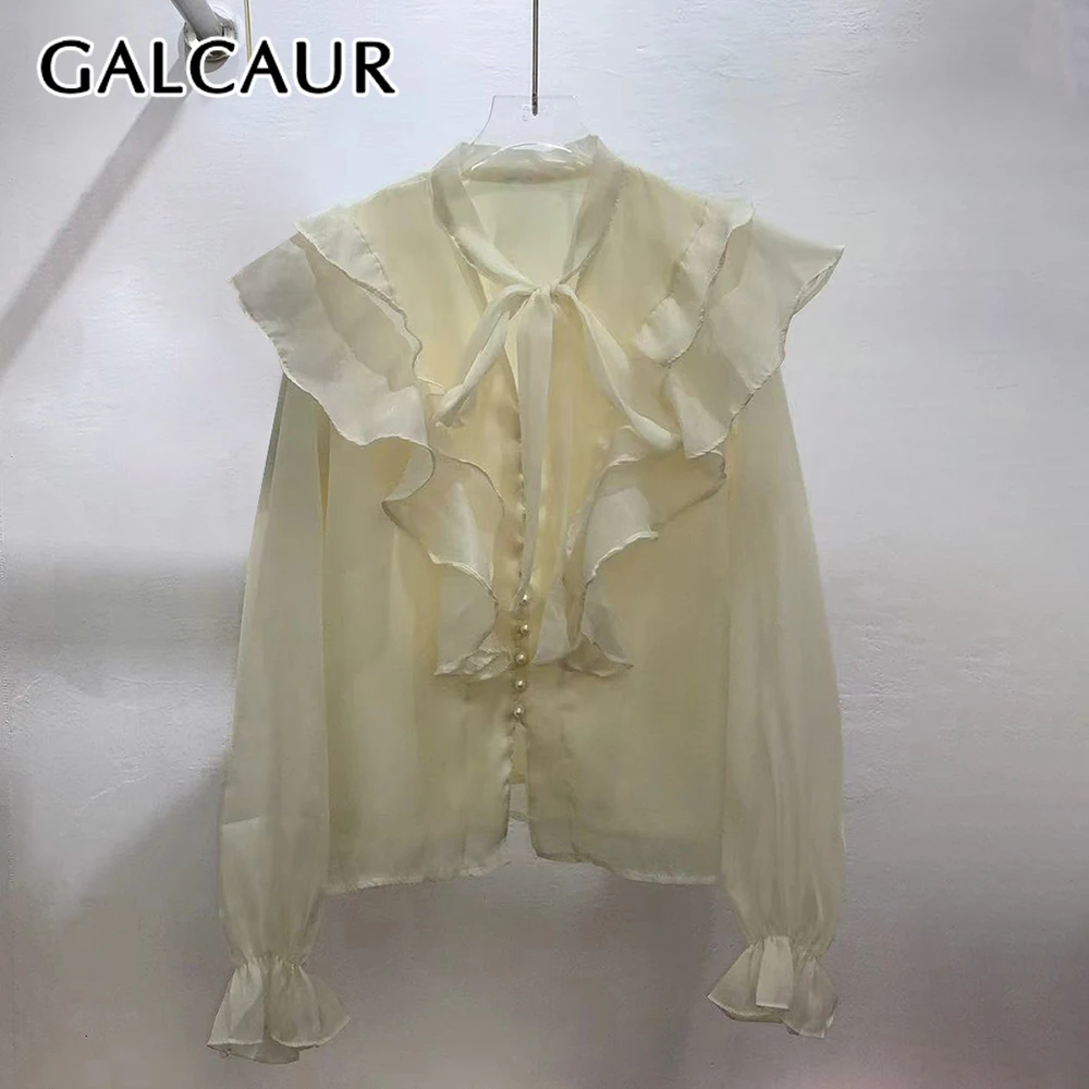 

Женская блузка GALCAUR с оборками и вставками, однотонная, приталенная, с круглым вырезом, длинными рукавами, пэчворк, на одной пуговице, элегантная