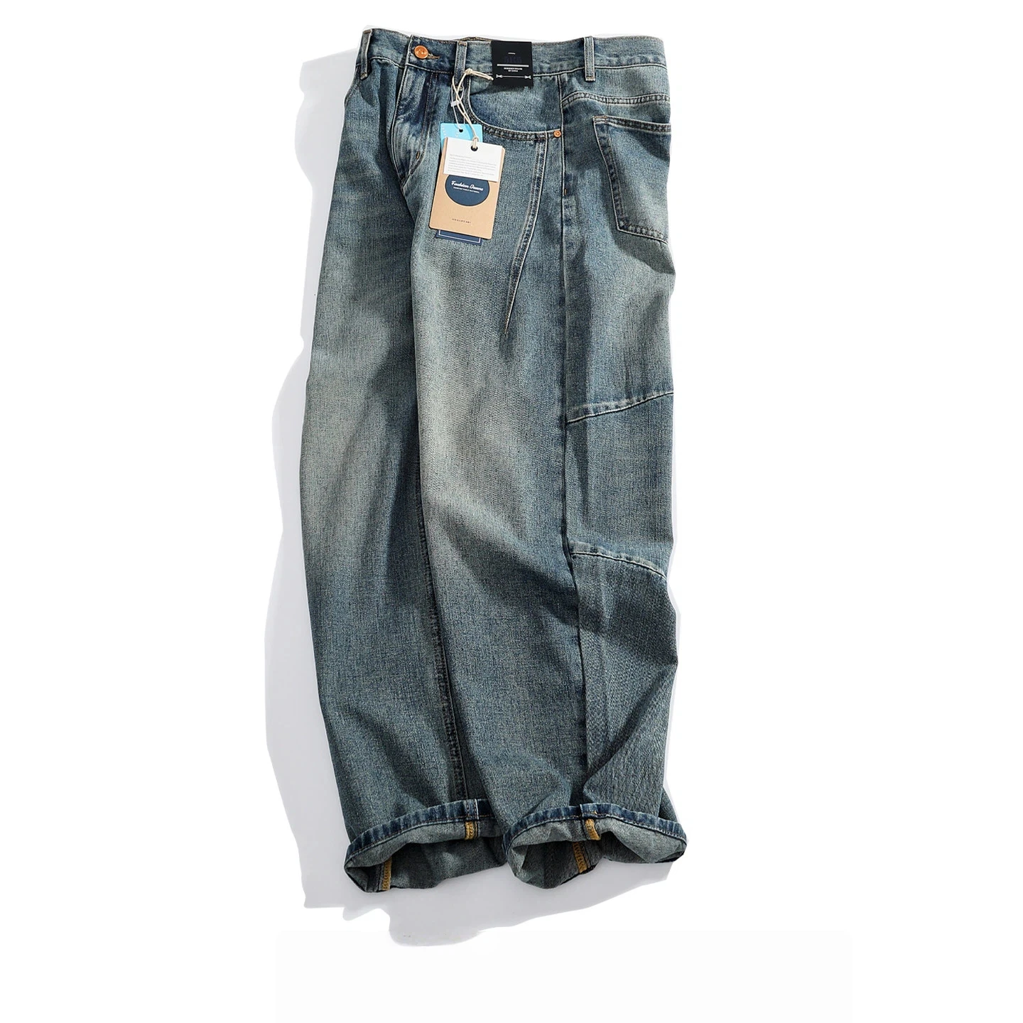 Retro distressed whiskering jeans for men, three-dimensional split silhouette wide-leg loose denim trousers