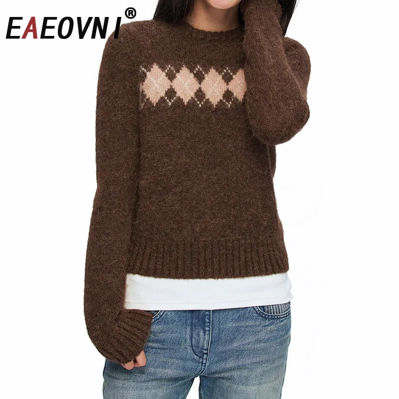

EAEOVNI Autumn Winter Knitted Women's Sweater Diamond Pattern O Neck Long Sleeve Pullover Blouse Causal New Clothing