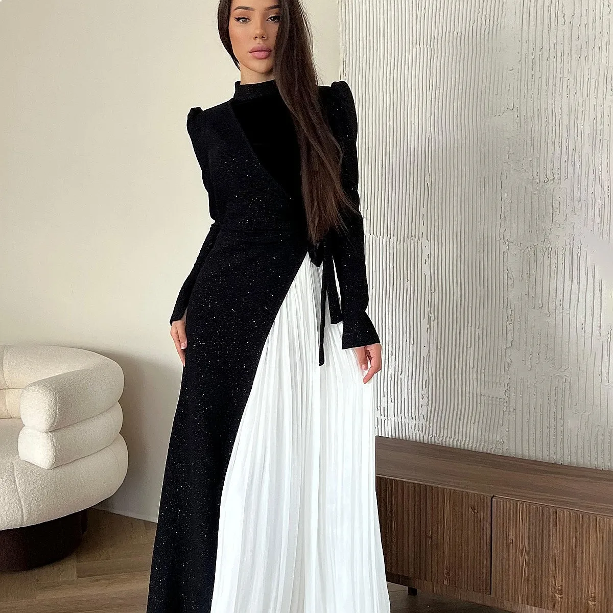 Women's Dress with Pleated Patchwork Design, Faux Two-Piece Matching Set, Spring Summer Fashion Dresses
