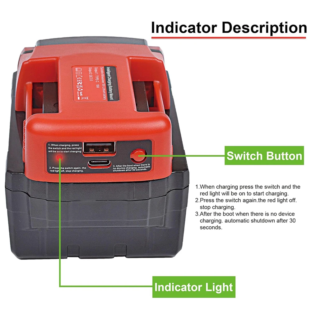 Imagem -05 - Carregador Rápido Usb para Milwaukee 18v Li-ion Suporte de Bateria Portátil Adaptador com Usb e Saída tipo c Carregamento Rápido