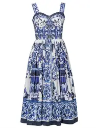 JAMERARY Summer Blue And White Porcelain Flower Printing Floral Long Dress Women Straps Zipper Elastic Backless Midi Vestidos