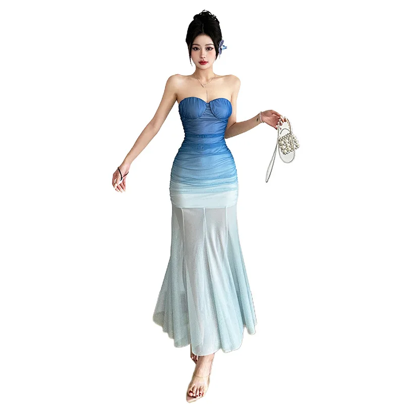 2025 Summer New Women's Clothing Gradual Change Fairy Wind Pleated Fishtail Skirt Swing Strapless Dress