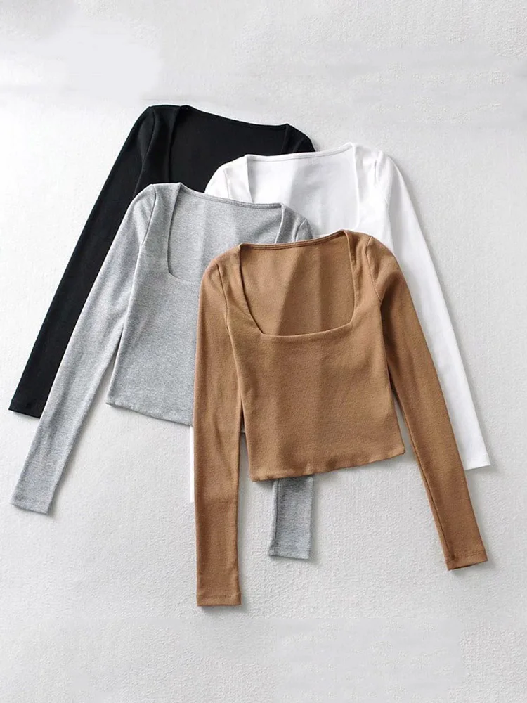 Women Cotton Ribbed Square Neck Crop Top With Long Sleeve