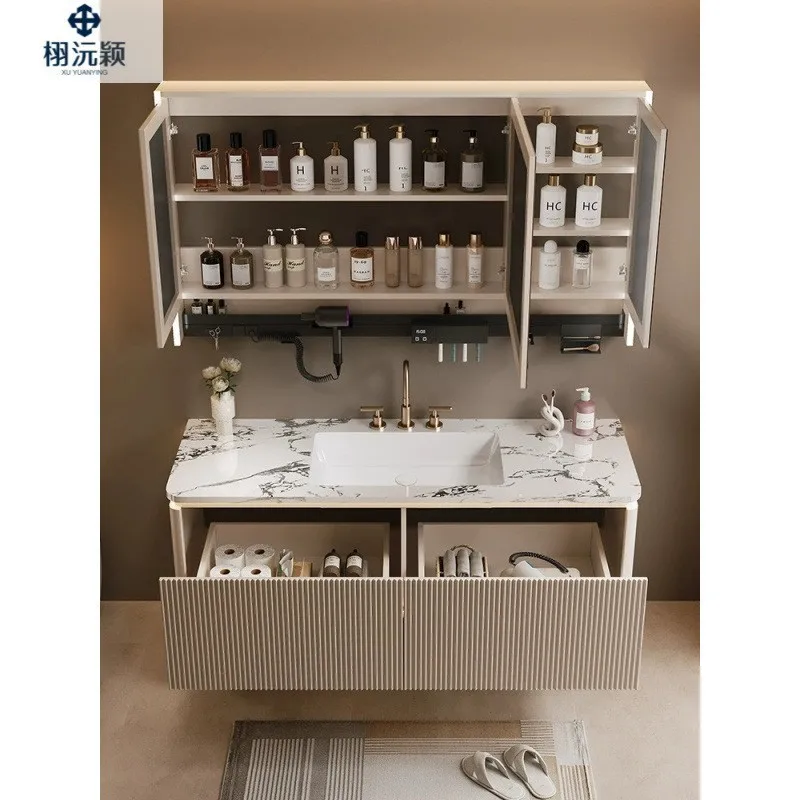 Luz de luxo madeira maciça integrado inteligente espelho armário do banheiro combinação lavatório do banheiro armário