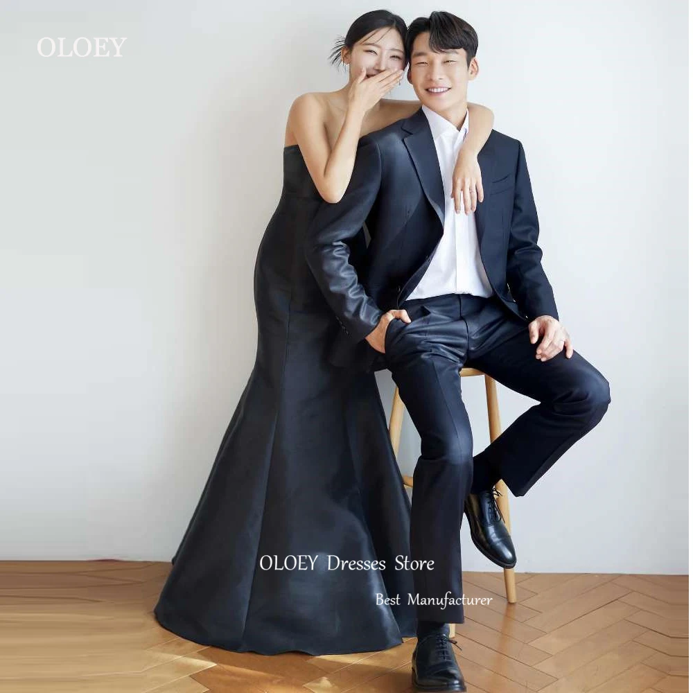 OLOEY Simple Black Satin Mermaid Evening Dresses Korea Sweetheart Floor Length Corset Back Prom Gowns Wedding Party Dress