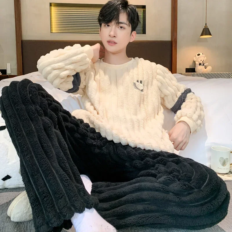 Korean Fashion Winter Flannel Sleepwear For Men O-Neck 2Pcs Pijamas Male Coral Fleece Warm Pajama Sets Vertical Stripe Nightwear