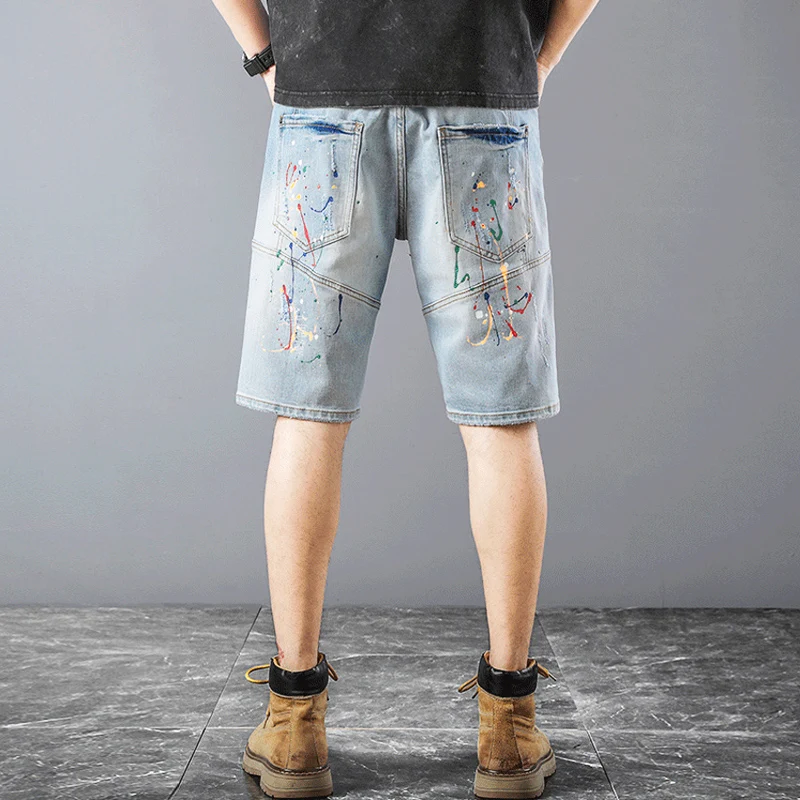 Moda uliczna Mężczyźni Dżinsy Letni projektant Retro Jasnoniebieskie Rozciągliwe zgrywanie Krótkie dżinsy Spliced Painted Hip Hop Denim Shorts Men