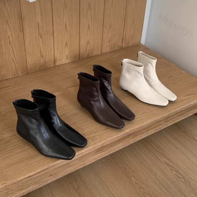 

Женские ботильоны, осень 2021, дизайн, мягкая кожа, элегантная обувь на низком каблуке, модные современные короткие туфли с квадратным носком, Botas Para Mujer