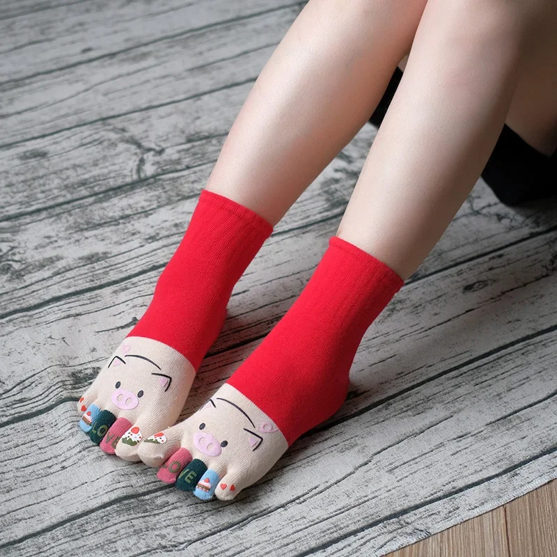 4 Pairs Autumn And Winter New Female Pure Cotton Cartoon Five Finger Socks All-cotton Cute Female Split-toe Socks Women